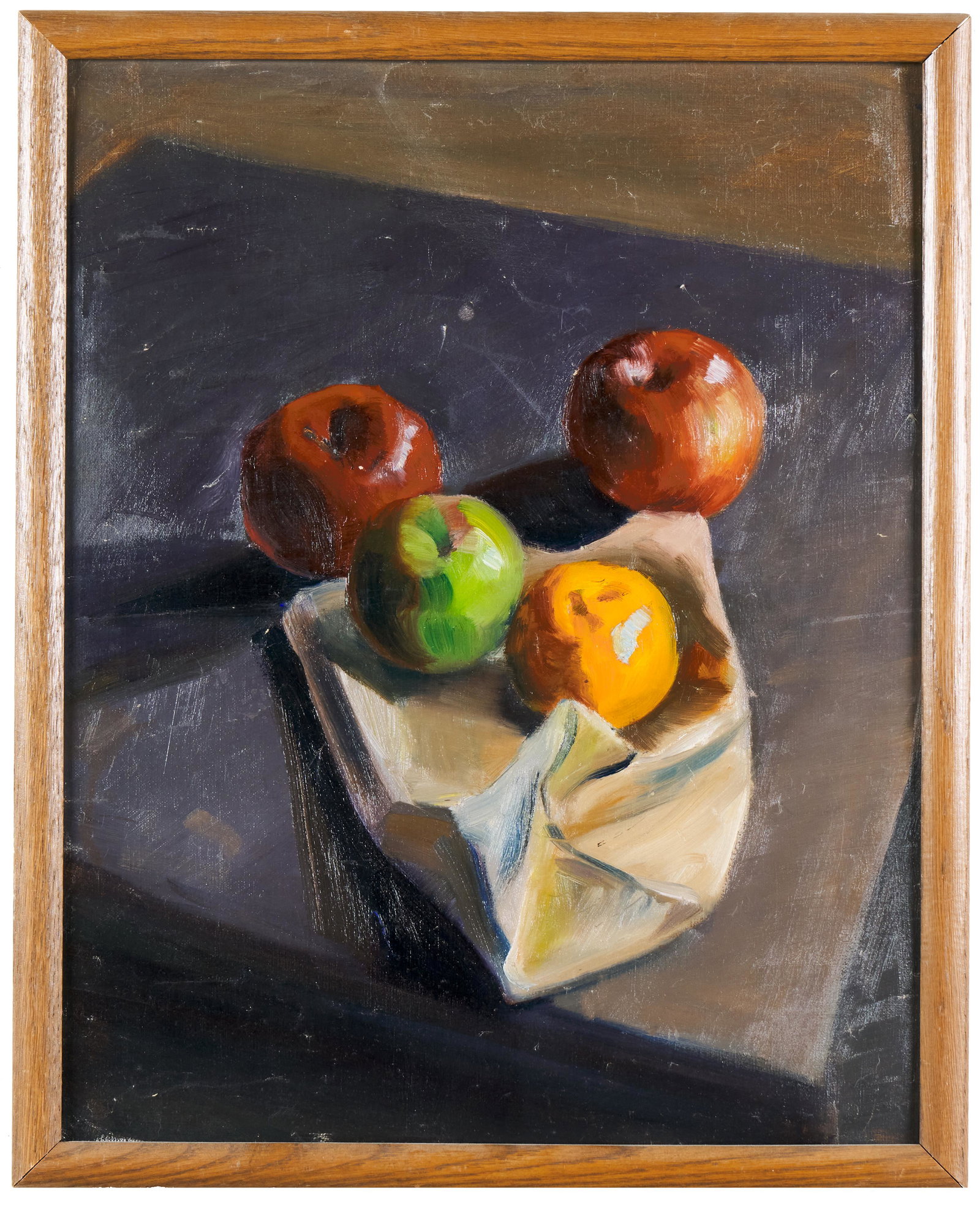 American School (American, 20th Century): 'Still life with Apples and Orange.' Oil on canvas. No apparent signature. 20 x 16"; 21 3/8 x 17 1/4" (overall).
