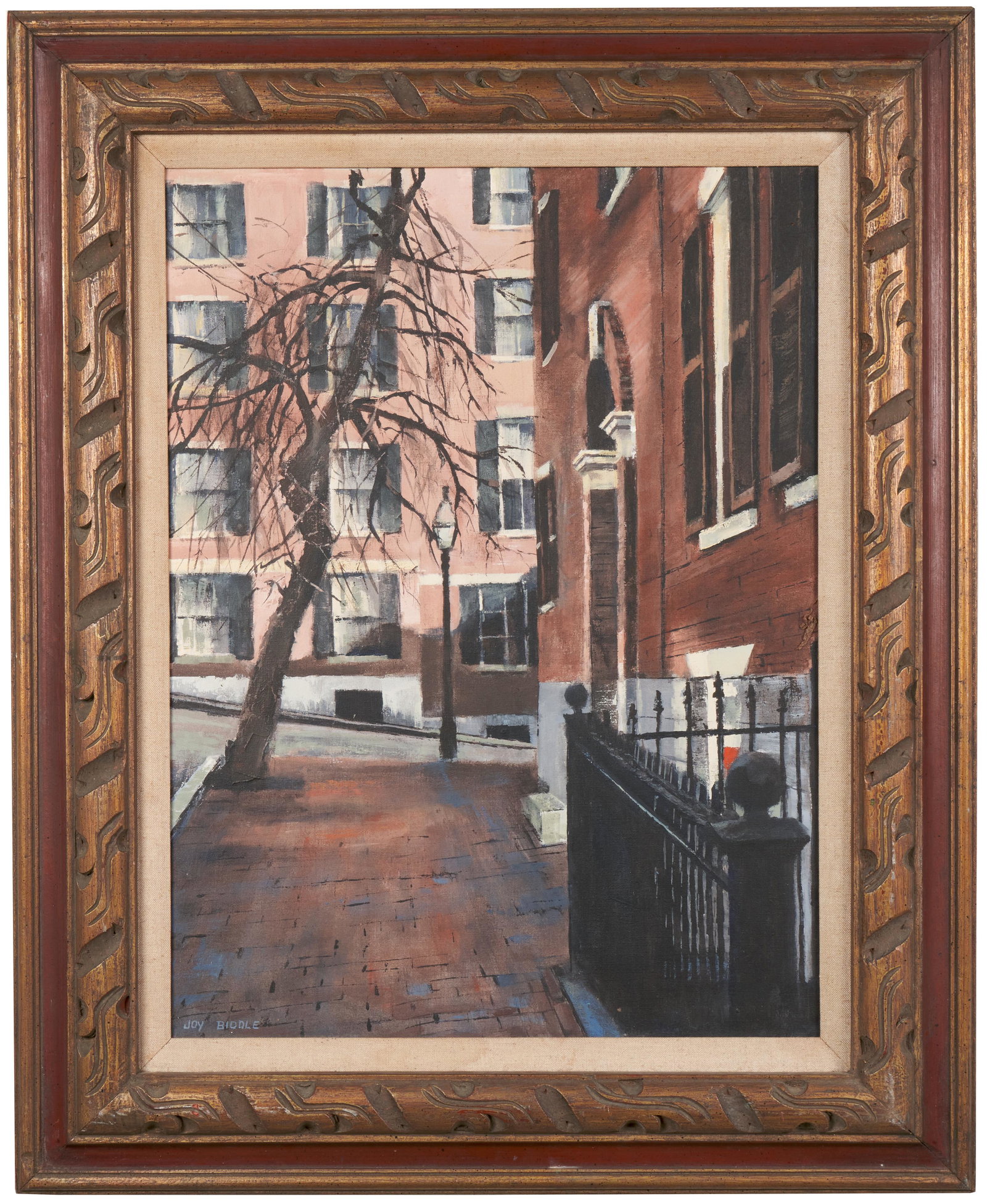 Joy Biddle (American, 1928-2007): "Beacon Hill, Boston." Oil on canvas. Signed lower left. 24 x 18"; 32 1/4 x 26 1/4" (overall).