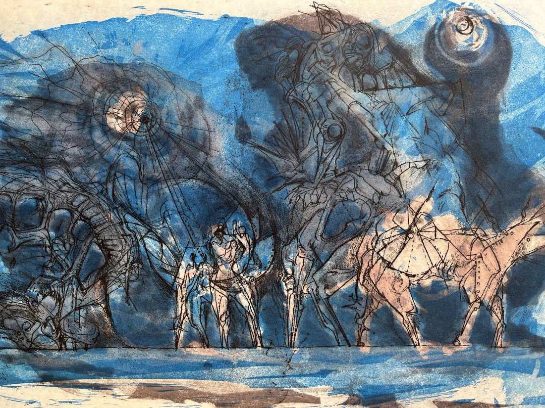 Jack (Jak) Kovatch (American, 1929 - 2019): "Moon Watchers." 1987. Intaglio and aquatint. 23 x 29 inches.