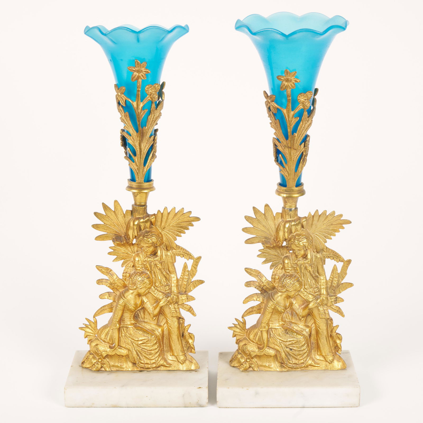 Bronze and Blue Glass Epergnes (19th Century): Gilt bronze and blue glass Epergnes. H 15 1/4" x W 5 3/4" x D 3 1/2". Provenance: The descendants of Jean Paul & Emily Selinger (Rhode Island).