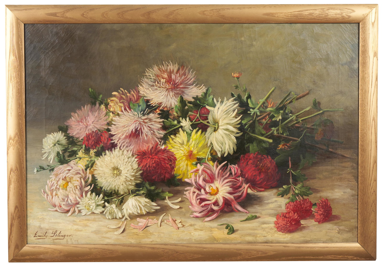 Emily Harris McGary Selinger (American, 1848 - 1927): "Chrysanthemums." 1898. Providence, Oil on canvas. Signature, bottom left. H 36" x W 24"; H 39 1/2" x W 27 1/2" (overall). Provenance: The descendants of Jean Paul Selinger (Rhode Island).