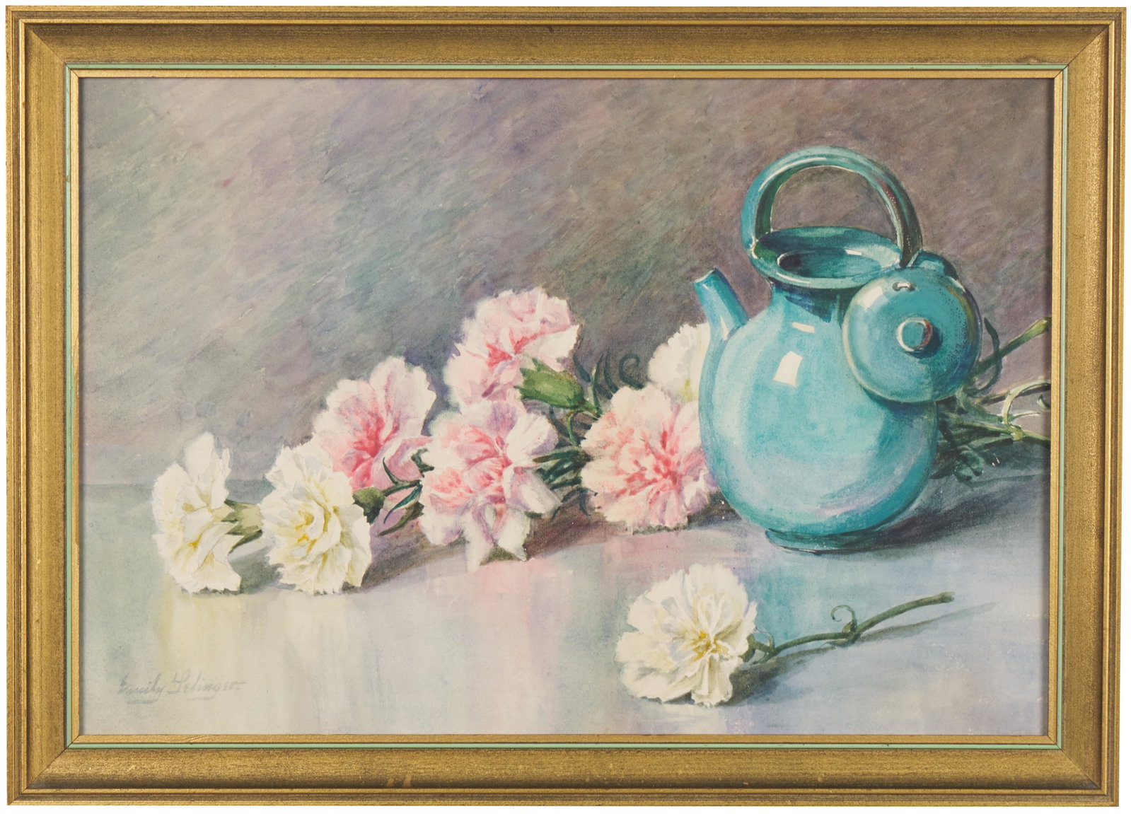Emily Harris McGary Selinger (American, 1848 - 1927): 'Pink and White Flowers with Watering Pot.' Watercolor. Signed bottom left. H 14" x W 20 3/4; H 17" x W 23 5/8" (overall). Provenance: The descendants of Jean Paul & Emily Selinger (Rhode Island).