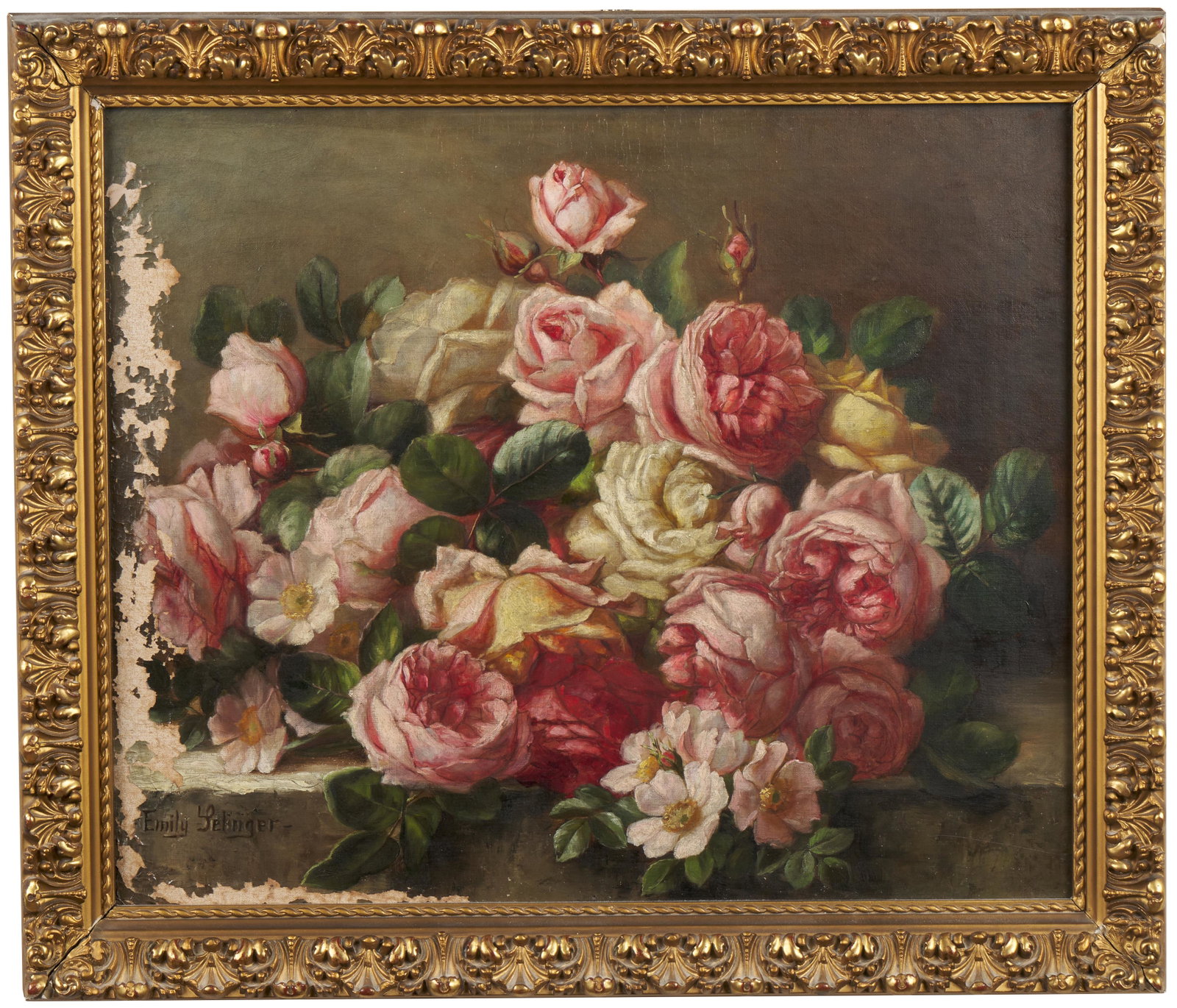 Emily Harris McGary Selinger (American, 1848 - 1927): 'Floral Still life.' Oil on canvas. Signed lower left. H 20" x W 24"; H 24 1/4" x W 28 1/4" (overall framed). Provenance: The descendants of Jean Paul & Emily Selinger (Rhode Island).