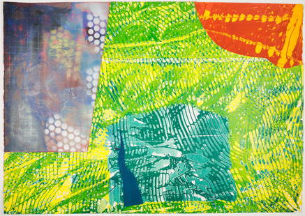 Sam Gilliam (American, 1933 - 2022): "Untitled (#14 of 21 unique works)." 1981. Cut and stitched monoprints with thread and fabric. Signed and annotated in colored pencil. 30 1/2" x 42 1/2". The monoprints were printed at: Island