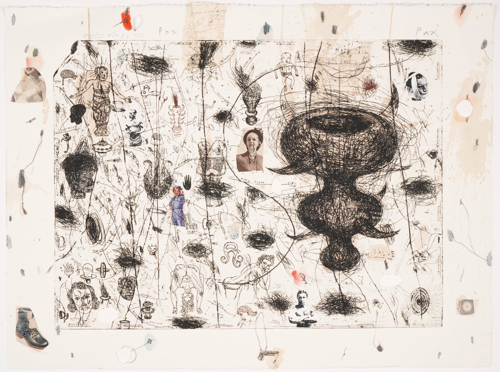 Henrik Drescher (Danish, b. 1955): "Family Values." 1992. Intaglio with collage (magazine) cut-outs, hand coloring and artist perforations. Edition: 20. 22 3/8" x 29 3/4". Publisher: Island Press, Washington University.