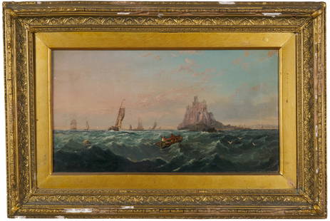 European School (European, 19th Century): "Mont Saint-Michel (France)." Oil on canvas. Attributed to: George Stainton (British, fl. 1860 - 1890). 10" x 18"; 16 1/2" x 24 5/8" (overall).