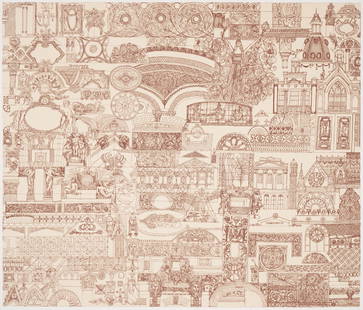 Joyce Kozloff (American, b. 1942): "Notebook of St. Louis Ornament" 1986. Signed, titled, numbered and dated in pencil on the verso. Edition: 30. 17 5/8" x 20 3/4". Publisher: Island Press. Washington University.