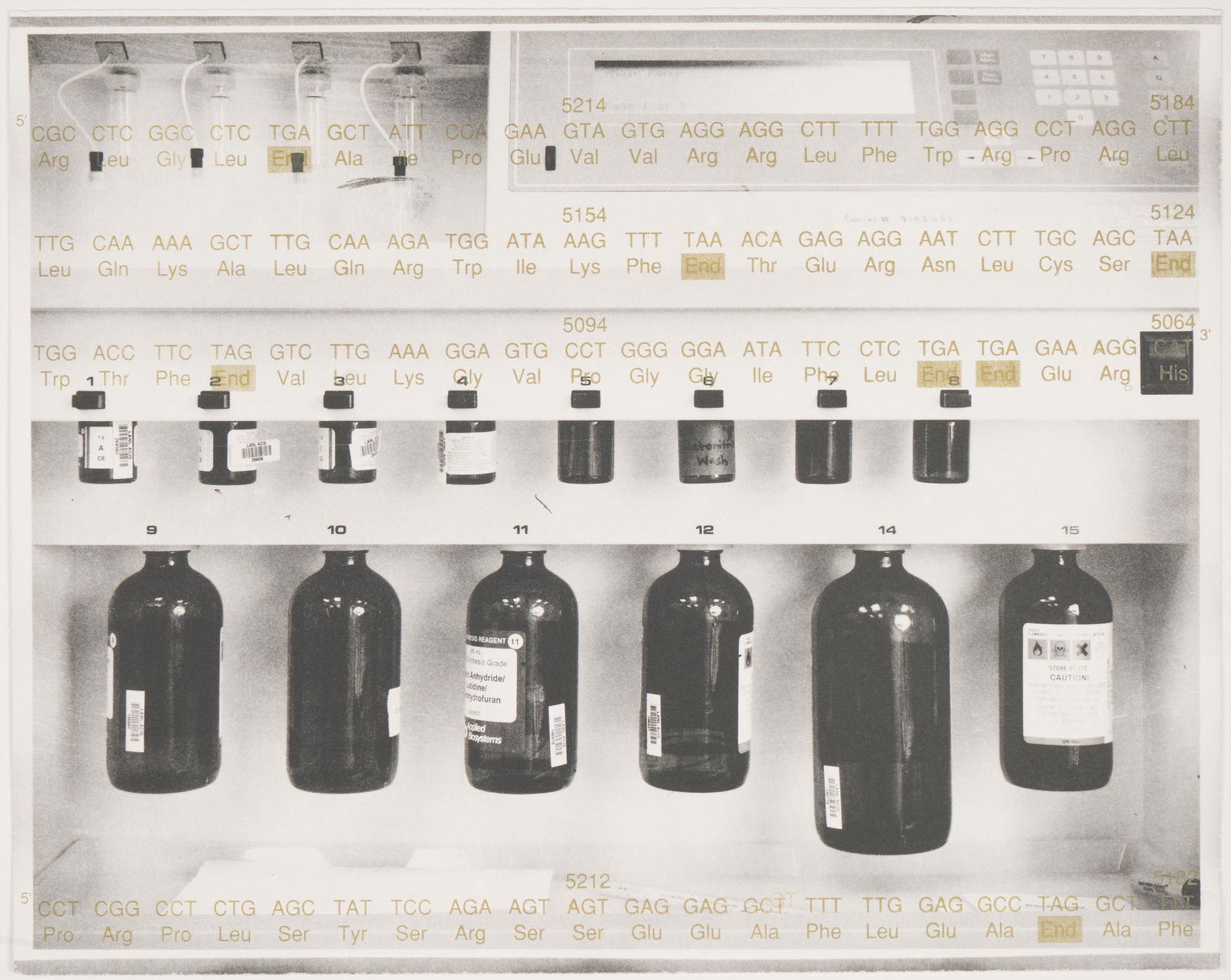 Catherine Wagner (American, b. 1953): "Biogenetics Lab Suite re: Search DNA/RNA synthesizer with DNA, 1994." 19 1/2" x 15 1/2". Signed in pencil on the verso. Photo-lithograph. Publisher: Island Press, Washington University.