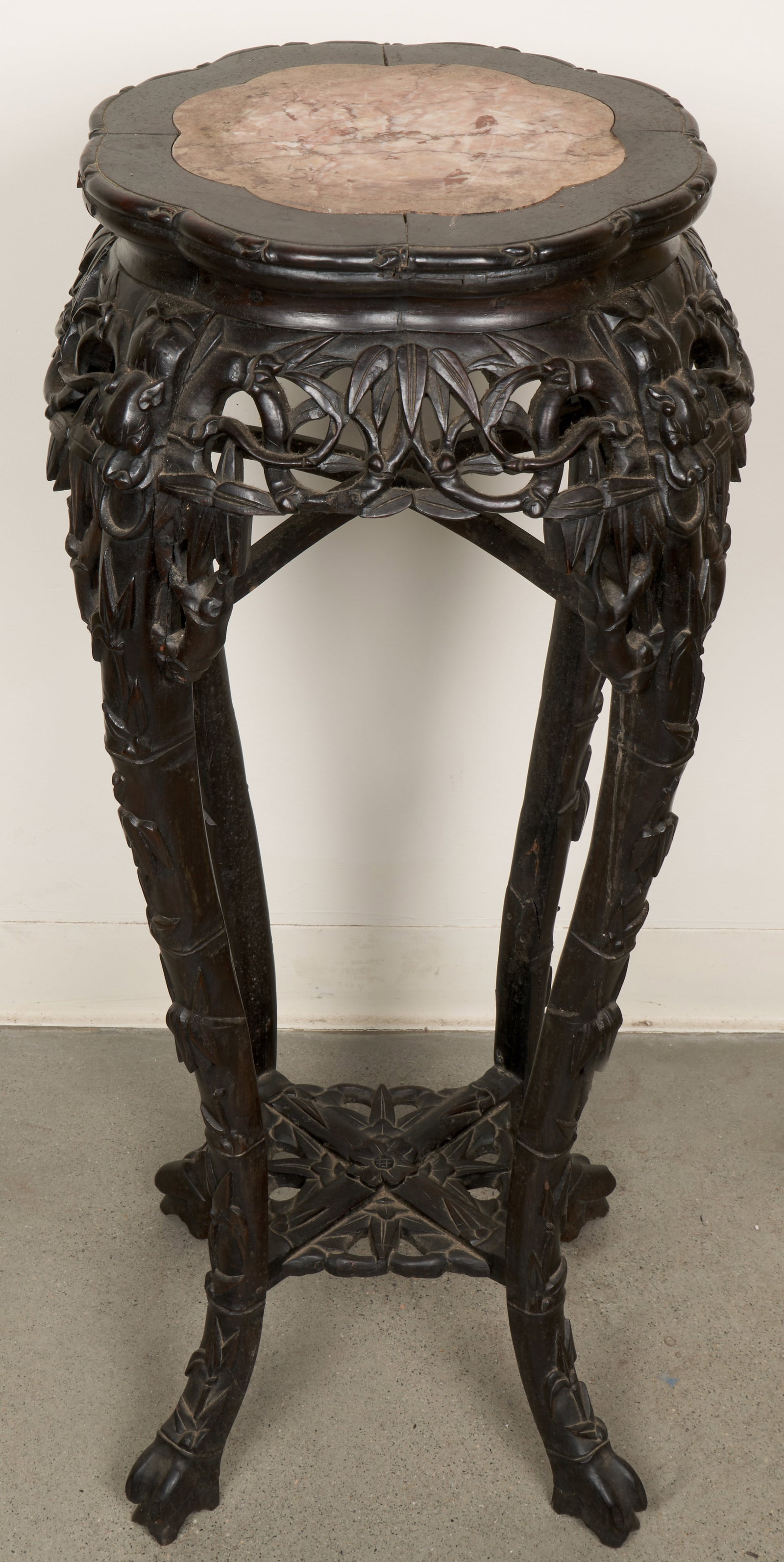 Chinese Hardwood Stand: Carved hardwood stand with stone top. 36 x 14 x 14".