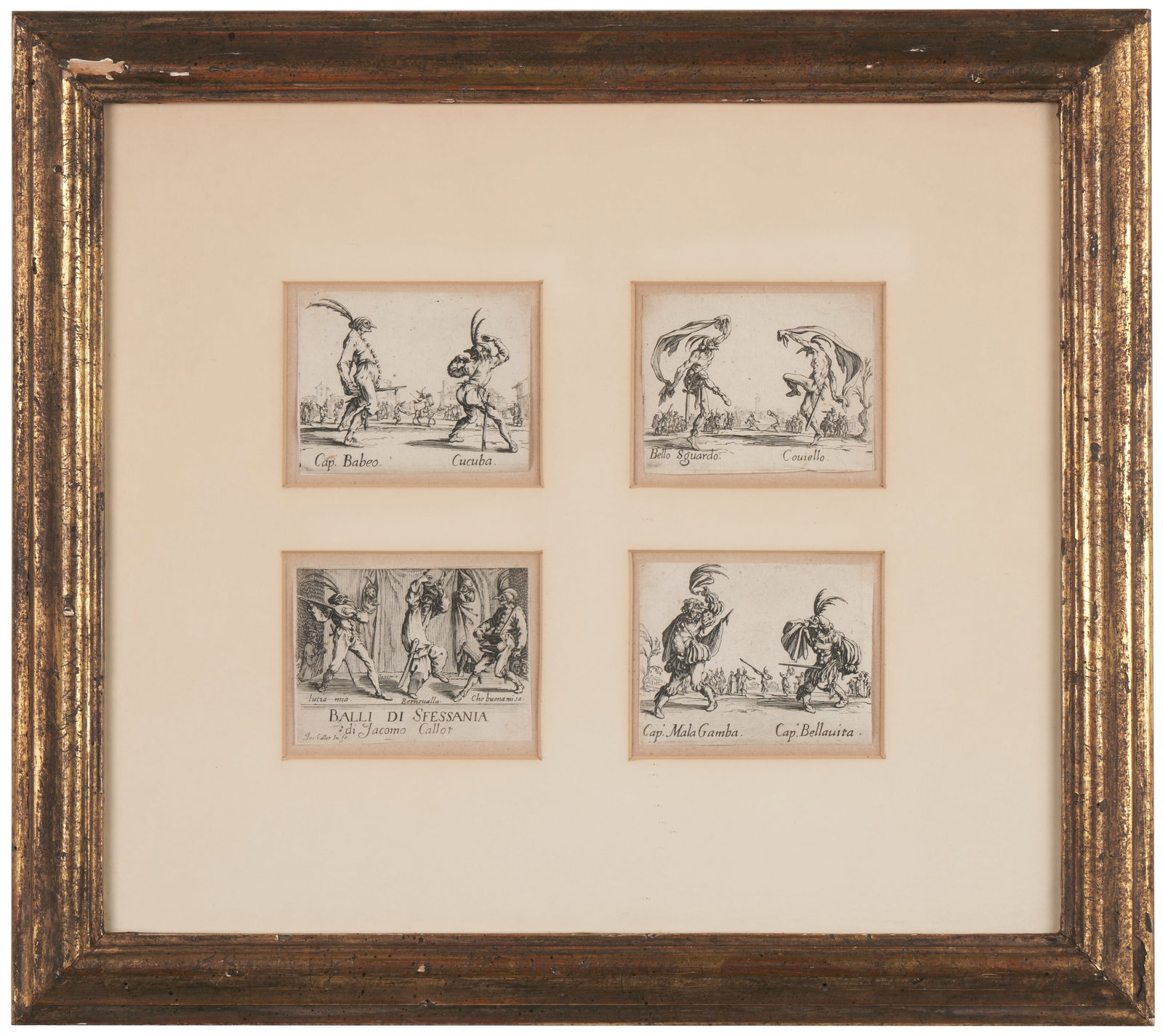 Jacques Callot (French, 1592 - 1635): Four framed etchings. 16 x 18" (overall). Literature: Catalogue Raisonne Oeuvre (No. 394, et. al.).