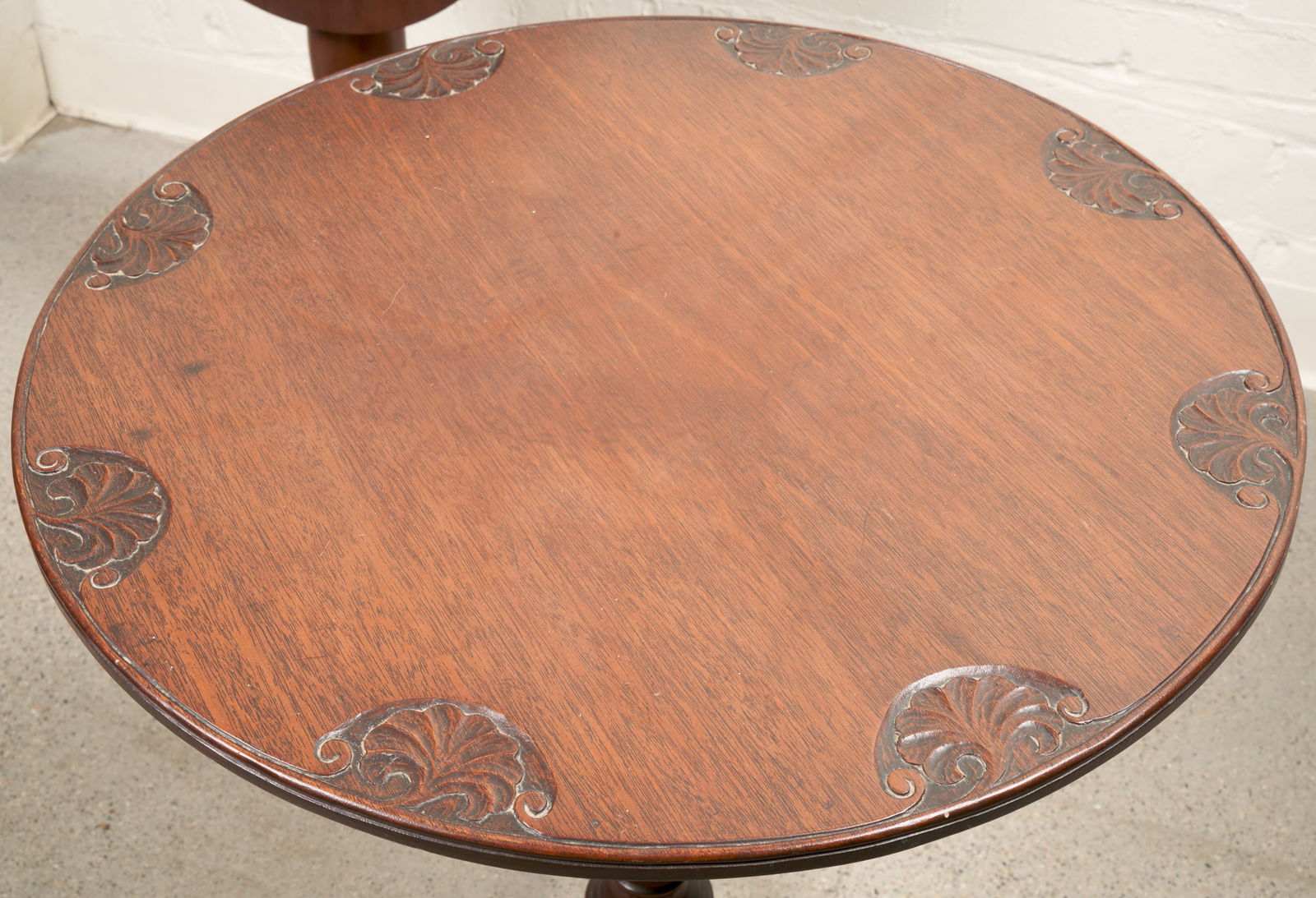 American Tea Tables (Antique): One table hand carved, signed (S.W. Brown) and dated 1909. 26 1/2 x 20"; carved table, 28 5/8 x 24 x 18".