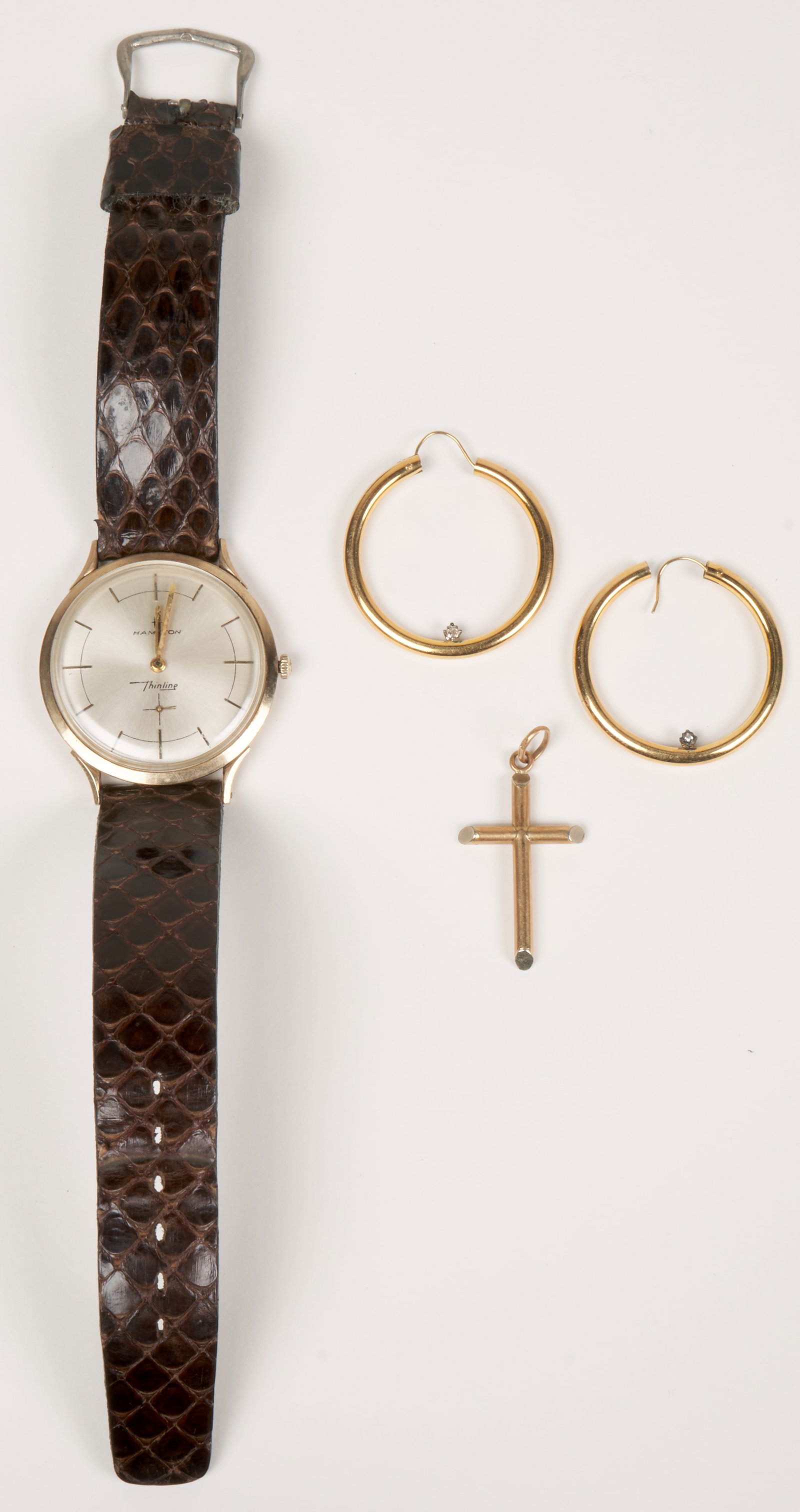 10K Gold, Sterling, Costume Estate Collection: 10k gold watch, earrings and cross. Sterling items with Peace dollars; together with a custome jewlery collection. Provenance: Rhode Island estate.