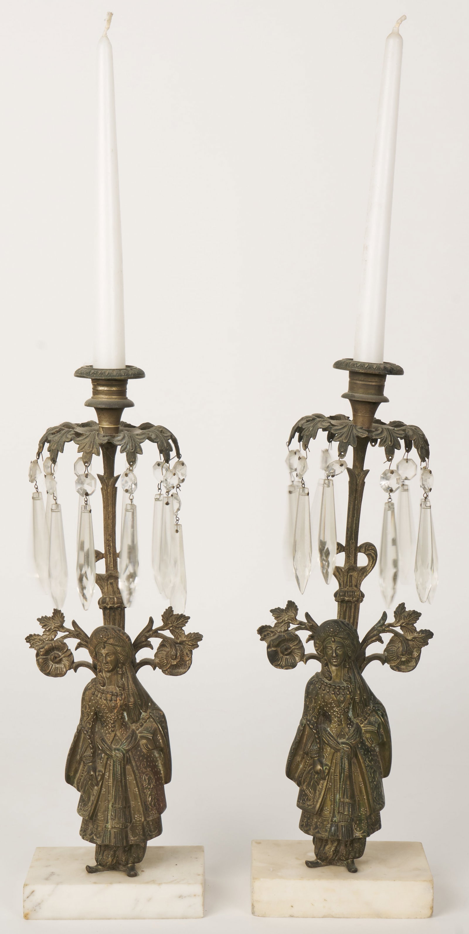 Gilt Bronze Girandoles (Antique).: Marble Bases with Cut Crystals. 15 1/2 x 5 x 3".