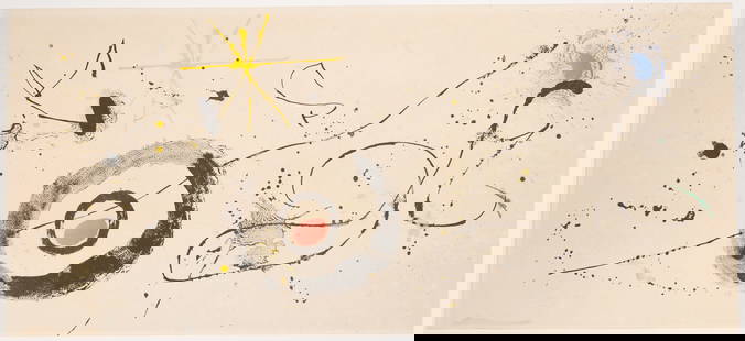 JOAN MIRO (SPANISH, 1893 - 1983): "The Crossing of the Mirror." 1963. Trifold lithograph. 33 x 15". Unframed.