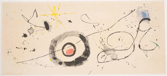 JOAN MIRO (SPANISH, 1893 - 1983): "The Crossing of the Mirror." 1963. Trifold lithograph. 33 x 15". Unframed.