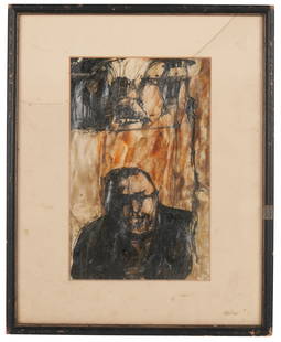 PAUL GIOVANOPOULOS (GREEK/AMERICAN, B. 1939): "Man and Monster." Gouache and ink on paper. Signed bottom left. 7 3/4 x 5"; 11 5/8 x 9 3/8 (framed). Provenance: Neikrug Gallery NYC; Estate of Laurence Urdang de Tour; Estate of Irena Urdang de Tour