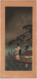 TAKAHASHI SHOTEI (HIROAKI) (JAPANESE, 1871 - 1945): "Fireworks, Shubinomatsu." Japanese woodblock print. 15 x 6 1/2 in.