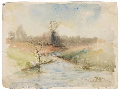 JOHN AUSTIN SANDS MONKS (AMERICAN, 1850 - 1917): 'Impressionist River and Landscape.' Watercolor. 9 x 12". Dedicated and signed bottom right. An unusual example of American Impressionism is in the artist's oeuvre and bears a resemblance to Inness's