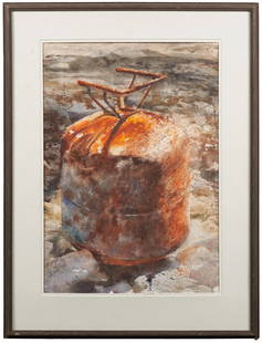 LARRY WEBSTER (AMERICAN, 1930 - 2007): 'Rusty Found Tank.' Watercolor. 1976. Signed and dated lower right. 29 1/2 x 20 1/2" (sight); 39 1/2 x 30 1/2" (framed). Note: Webster worked closely with Andrew Wyeth.