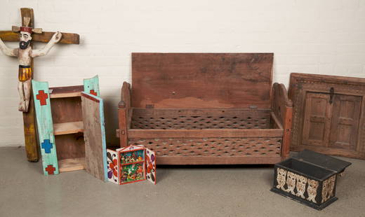 MEXICAN BENCH, FOLK ART CRUCIFICTION, CARVED NATIVITY BOX, PAINTED CABINET: Single owner Mexican folk art collection. Bench 20 x 39 x 15"; Crucifiction 40 x 24" (six objects).