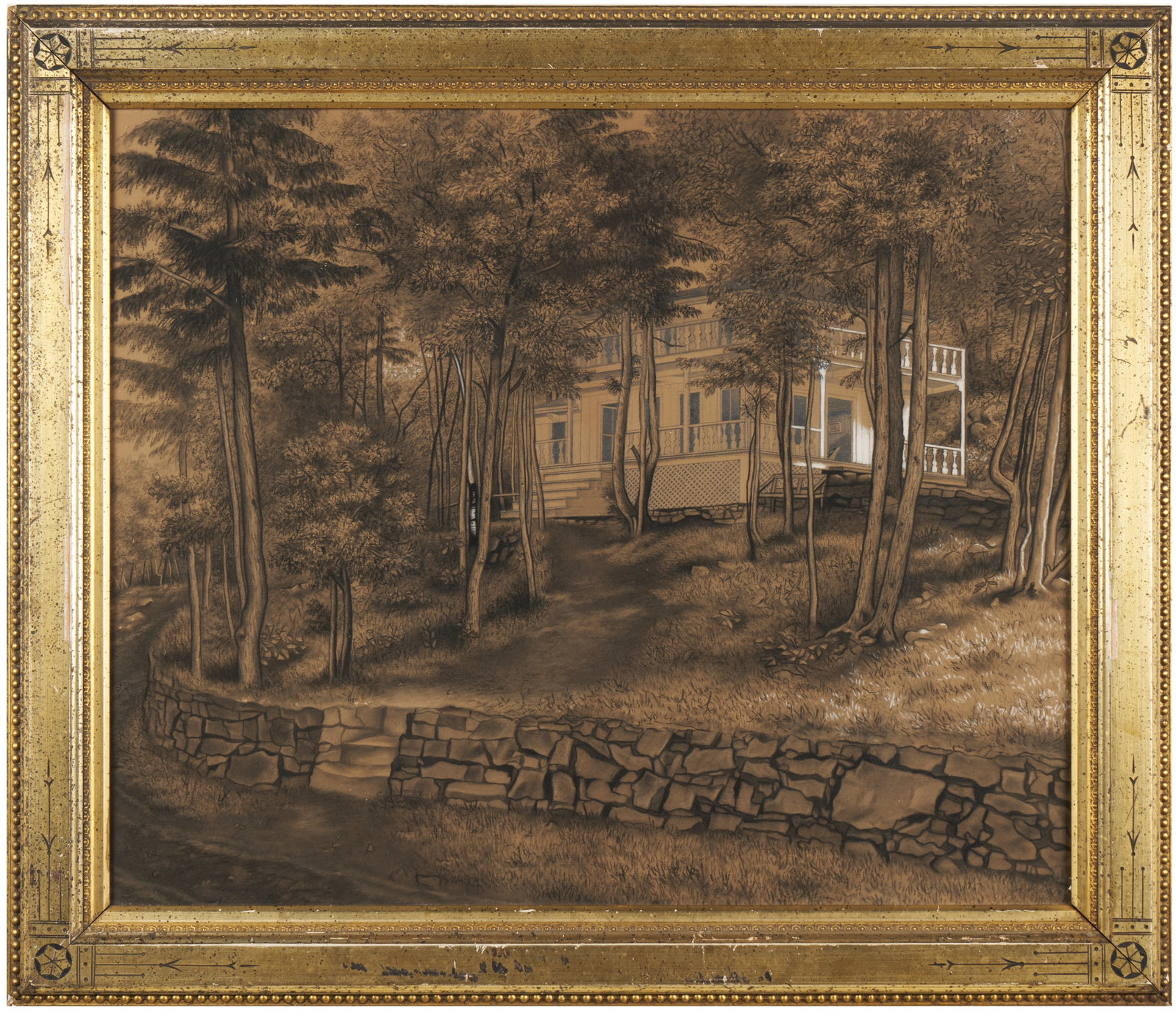 American School (19th Century): 'House in the Woods.' Graphite and charcoal with highlights on paper. 19 1/4 x 23"; 24 x 28 1/2" (framed). Illegible inscription on the verso. Provenance: Gertrude Grace Sill (1920 - 2020) American ar