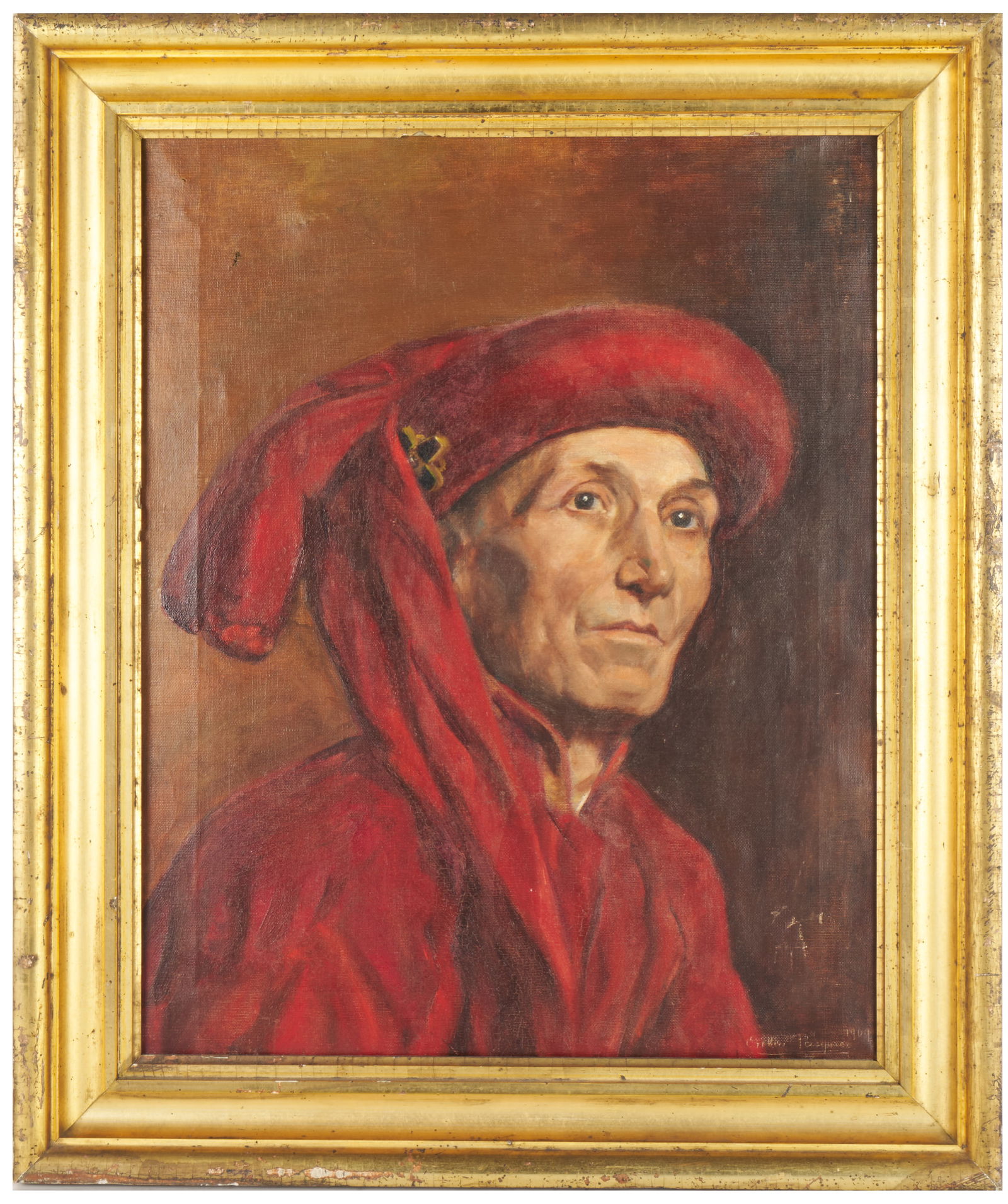 European School (Dated: 1909): 'Portrait of a Man in a Red Turban (likely after, Jan van Eyck)' Signed and dated bottom right: 1909. Signature illegible. 19 x 15 1/8" ; 24 x 20" (framed).