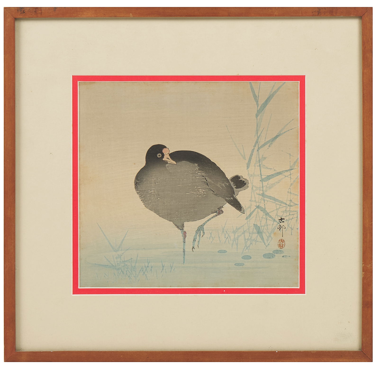 Ohara Koson (Japanese, 1877 - 1945): 'Moorhen.' Woodblock print. Signed and seal bottom right. 8 3/4 x 9 1/2"; 15 1/4 x 15 7/8" (framed).