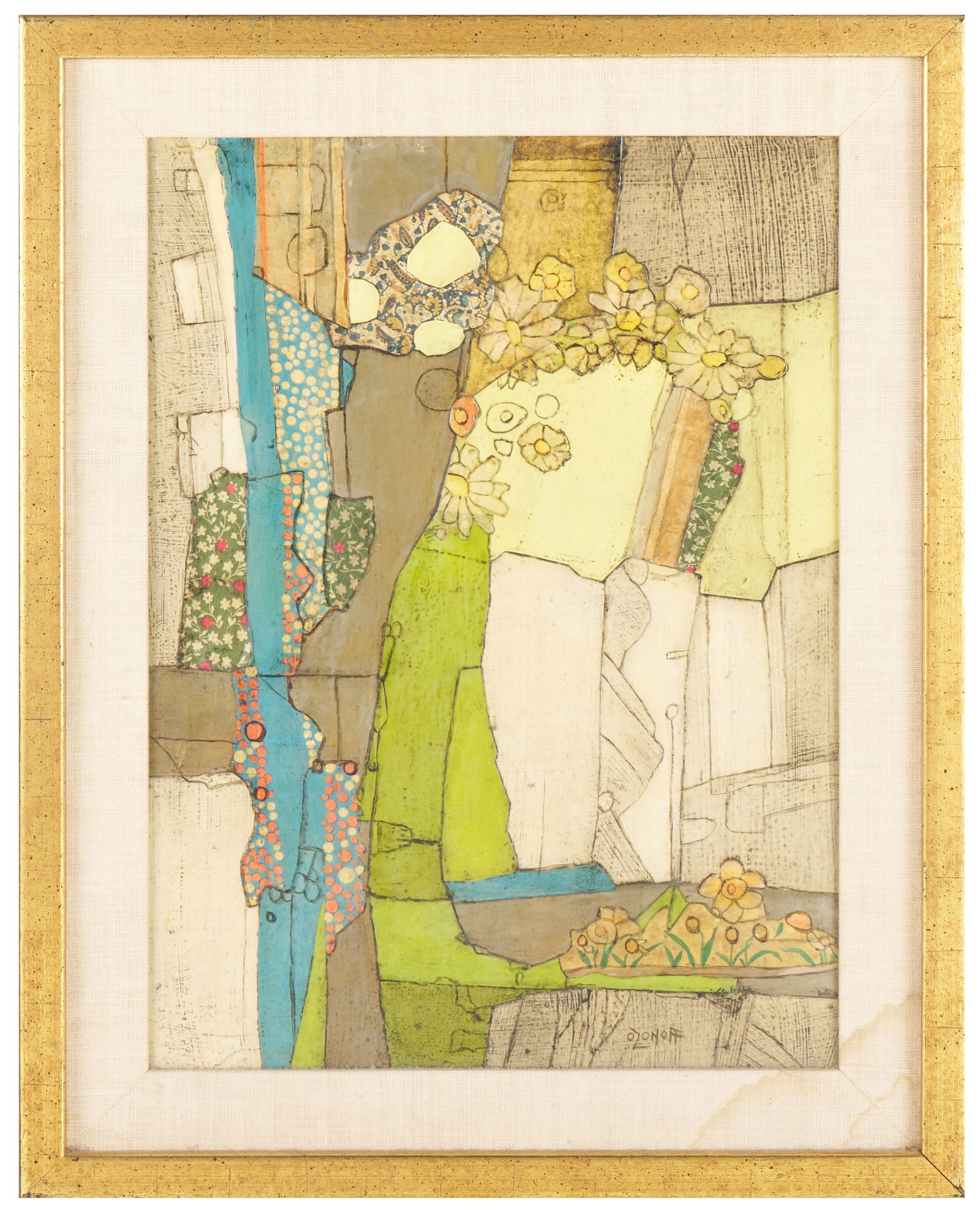 Ida Ozonoff (Mid-West American, 1904 - 2007): 'Spring' from 'Low Altitude Series.' Oil and collage on board. Signed bottom right. 15 1/2 x 11 1/2"; 19 1/2 x 15 1/2" (overall).