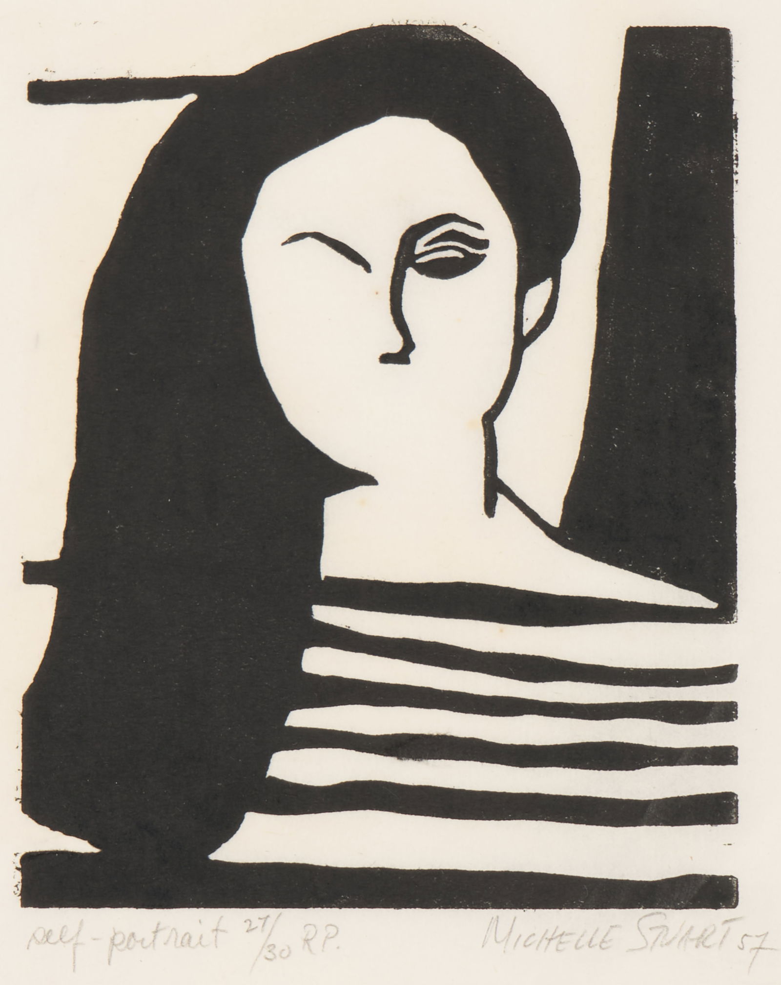 Michelle Stuart (American, B. 1933): 'Self-Portrait.' Woodblock. 1957. Signed, titled, dated and numbered in pencil. Edition of 30. 13 x 9 1/2" (sheetsize). No records of this print can be found. It is believed to be scarce. While workin