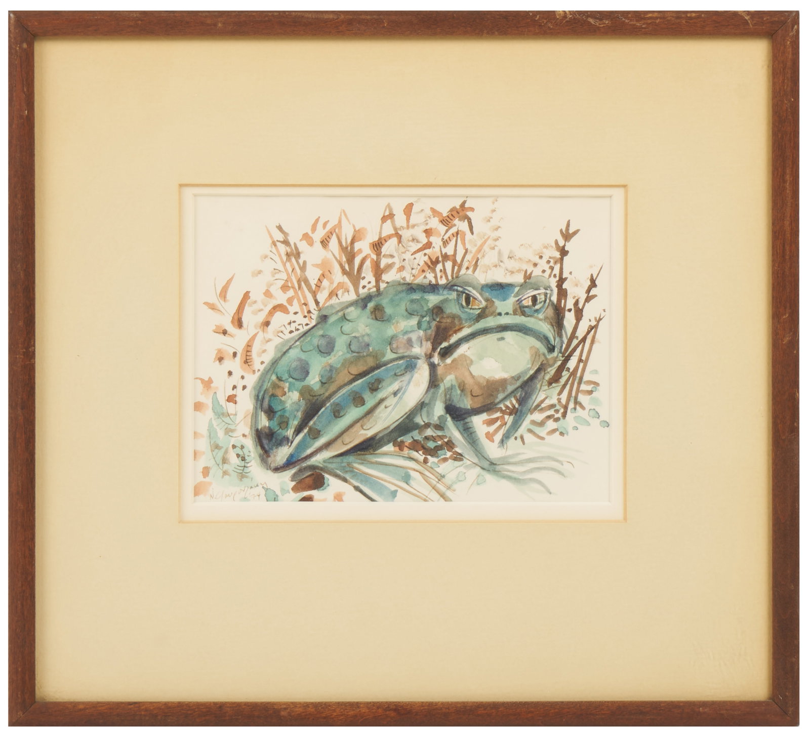 Nicholas Peter Stavroulakis (Greek - American, 1932 - 2017): 'Angry Toad.' Signed and dated bottom left. 1974. Watercolor. 4 1/4 x 9 5/8"; 9 1/4 x 10 3/4" (framed). Provenance: Peter Gillis, a Boston teacher, inn keeper, activist, archivist, poet and collector 