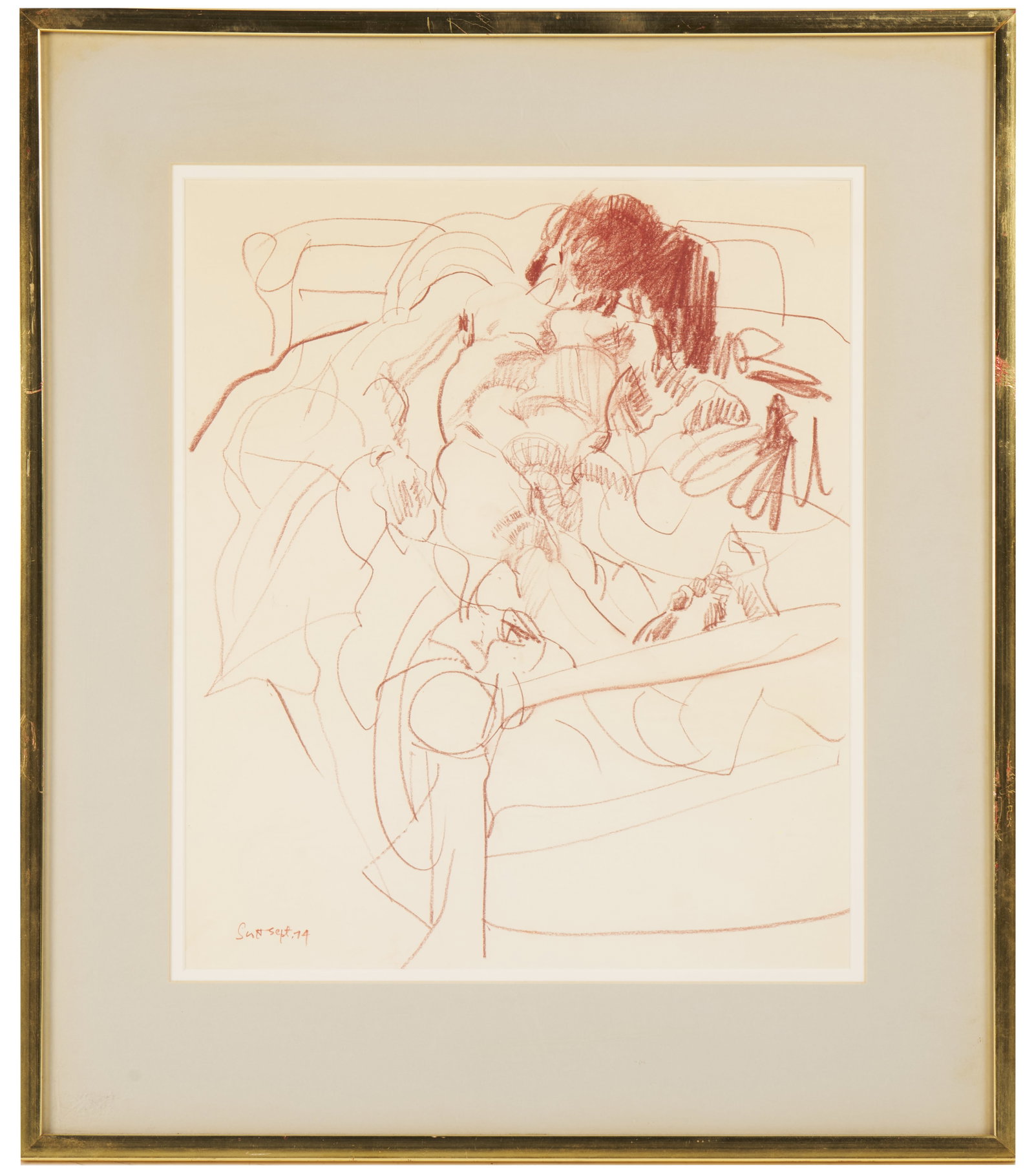 Laurence Herbert Scott (American, 1933 - 2005): 'Nude Male in Bed.' Colored pencil on paper. Signed and dated Sept 84 bottom left. 16 x 13 1/4"; 23 x 20" (framed). Provenance: Peter Gillis, a Boston teacher, inn keeper, activist, archivist, poet an