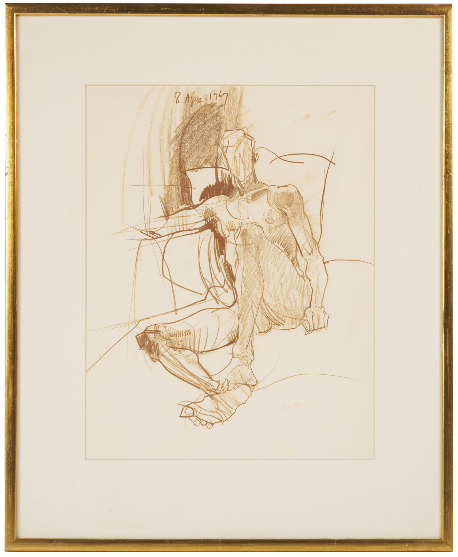 Laurence Herbert Scott (American, 1933 - 2005): 'Reclining Nude Male.' Pencil on paper. Dated 8 April 1967 upper center. Signed bottom right. 15 1/2 x 12"; 22 3/4 x 16 5/8" (framed).Provenance: Peter Gillis, a Boston teacher, inn keeper, activist, 