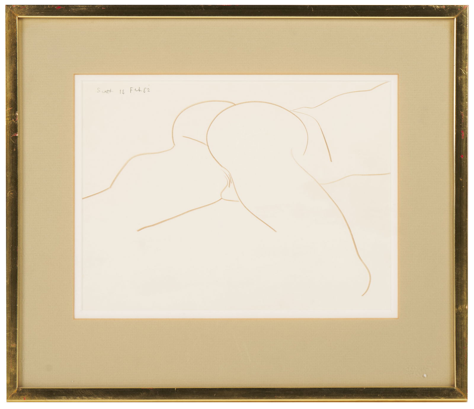 Laurence Herbert Scott (American, 1933 - 2005): 'Nude Male Butt and Legs.' Colored pencil on paper. Signed, dated 13 Feb 82 upper left. 8 1/2 x 11 1/2"; 14 5/8 x 17 1/8" (framed). Provenance: Peter Gillis, a Boston teacher, inn keeper, activist, ar