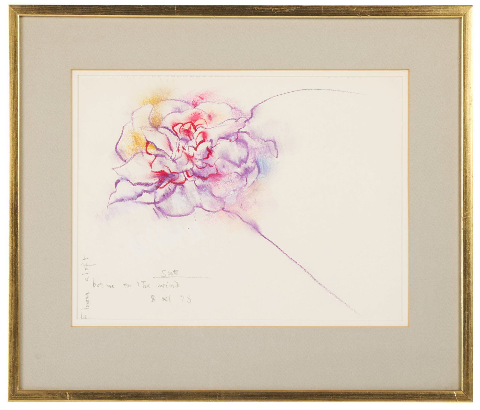Laurence Herbert Scott (American, 1933 - 2005): 'Standing Nude Male.' 1965, Color paint stick on paper. Signed top. 16 x 12"; 23 1/2 x 19" (framed).Provenance: Peter Gillis, a Boston teacher, inn keeper, activist, archivist, poet and collector and 
