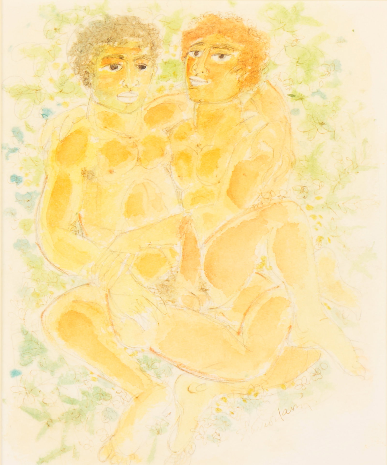 Nicholas Peter Stavroulakis (Greek - American 1932 - 2017): 'Two Nude Males Reclining with Erection.' Watercolor, pen and ink on paper. Signed bottom right. 9 x 7 1/2"; 15 1/4 x 12 3/4" (framed). A rare example of the artist's homoerotic work. Provenance: Pete