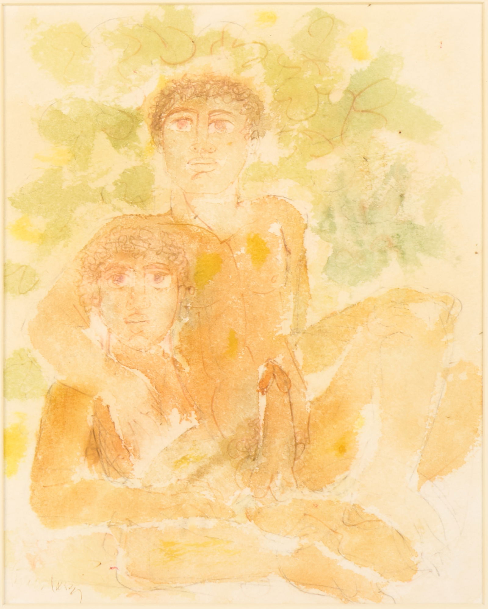 Nicholas Peter Stavroulakis (Greek - American 1932 - 2017): 'Two Nude Males Entwined with Erection.' Watercolor, pen and ink on paper. Signed bottom left. 9 x 7 1/2" ; 15 1/4 x 12 3/4" (framed). A rare example of the artist's homoerotic work. Provenance: Peter