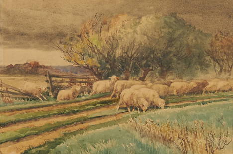 John Austin Sands Monks (American, 1850 - 1917): "Sheep Near Coast." Watercolor signed bottom left; together with an etching signed in the plate. 9 1/2 x 14 1/4 ; 18 1/8 x 22 1/8" (watercolor).