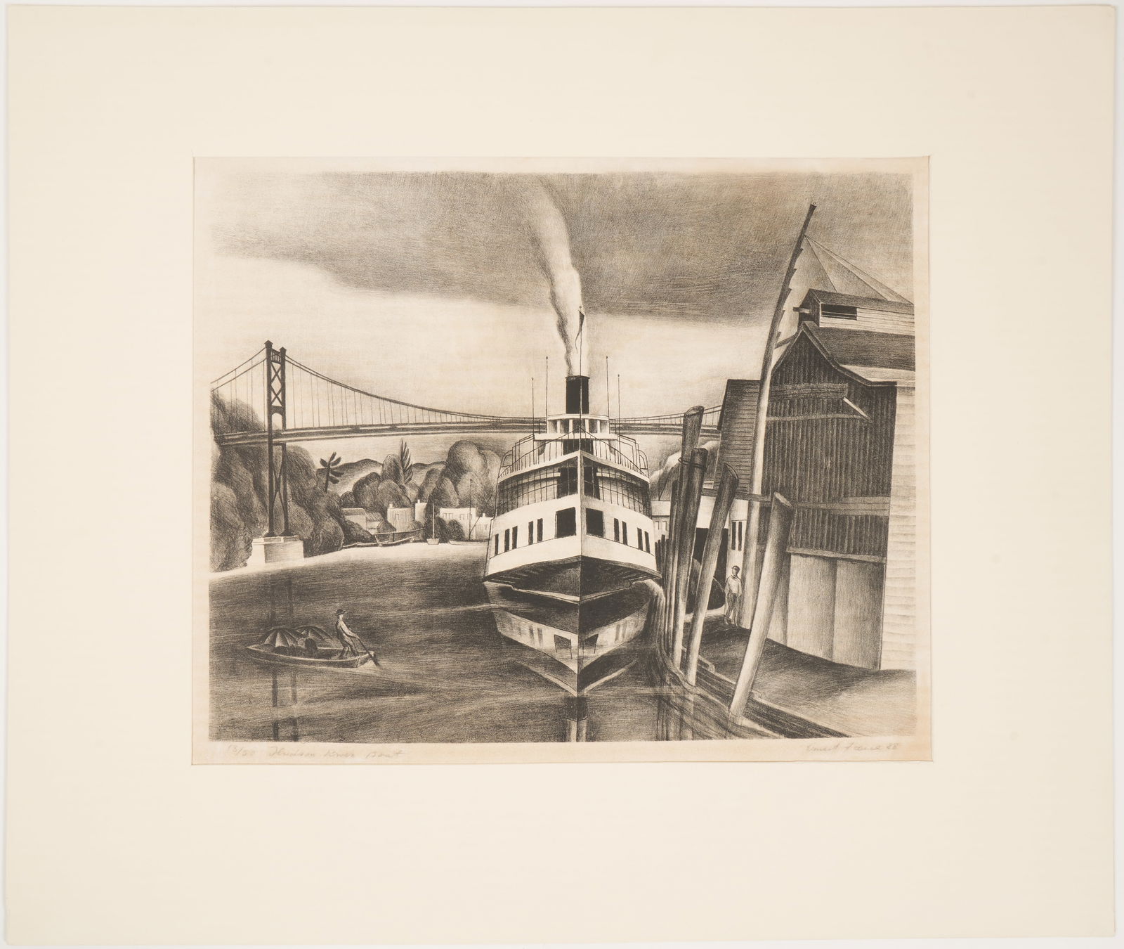 Ernest Fiene (American, 1894 - 1965): 'Hudson River Boat.' Lithograph. 1928. Signed, titled, numbered and dated in pencil. Edition of 50. 13 x 16" ; 20 x 24" (matted). Provenance: Madeleine Fortunoff Fine Prints; Ex-collection Rhode Islan