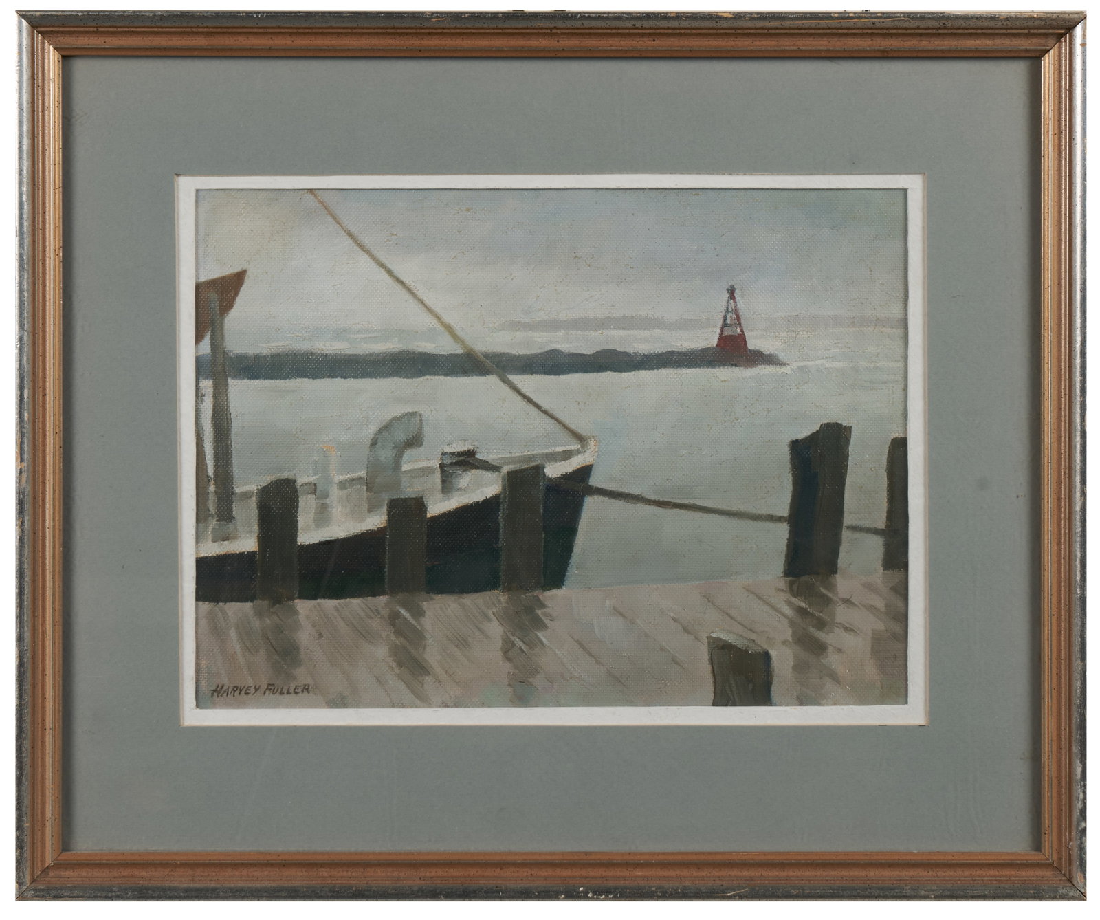 Harvey K. Fuller (American, 1918 - 2017): 'Connecticut Shoreline.' Oil on canvas unstretched and framed. Signed bottom left. 8 1/2 x 11 1/2" ; 14 1/2 x 17 1/2" (framed).