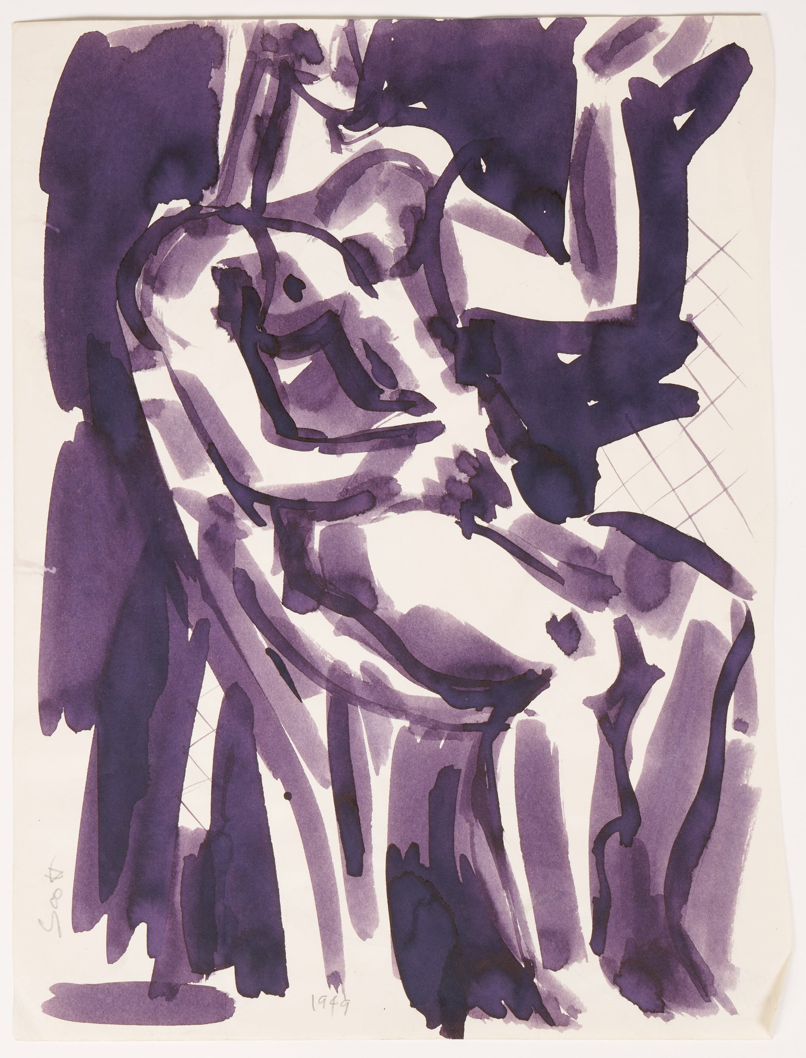 Laurence Herbert Scott (American, 1933 - 2005): 'Purple Male Nude.' Gouache. 1949. Signed and dated lower left. 10 1/2 x 8". More information about Laurence Herbert Scott can be found at: www.vallots.com/blog