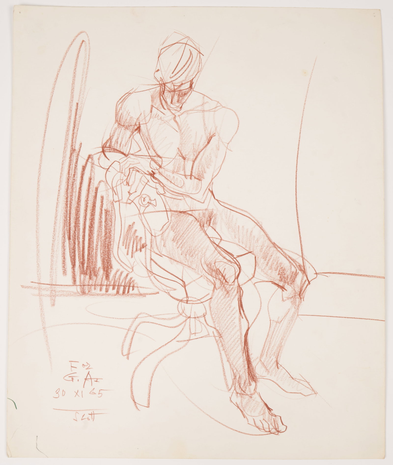 Laurence Herbert Scott (American, 1933 - 2005): 'Red Seated Male Nude.' Color pencil on paper. 1965. Signed and annotated lower left 16 1/2 x 14". More information about Laurence Herbert Scott can be found at: www.vallots.com/blog