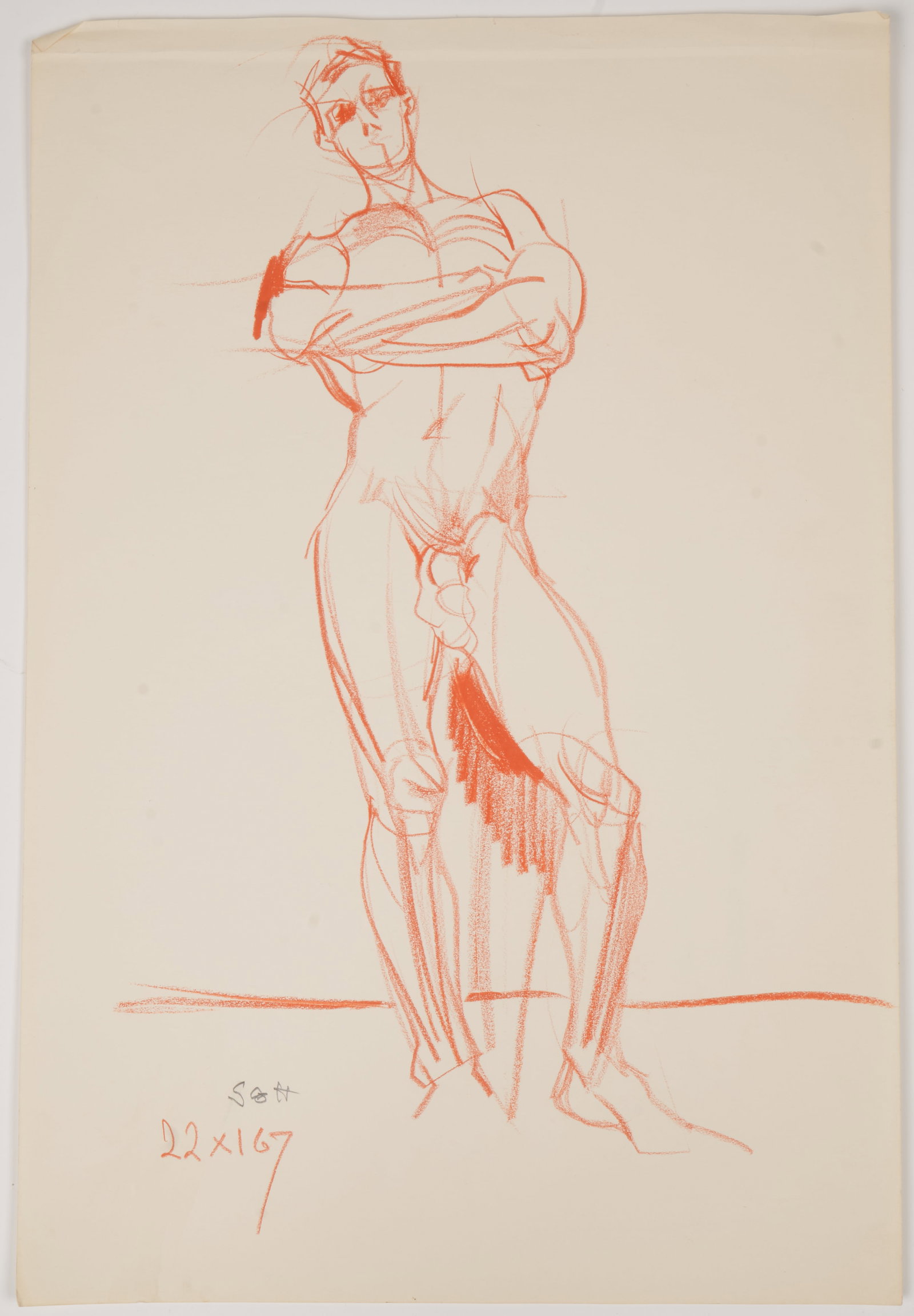 Laurence Herbert Scott (American, 1933 - 2005): 'Red Standing Male Nude.' Color pencil on paper. Signed and annotated lower left. 17 1/2 x 11 7/8". More information about Laurence Herbert Scott can be found at: www.vallots.com/blog