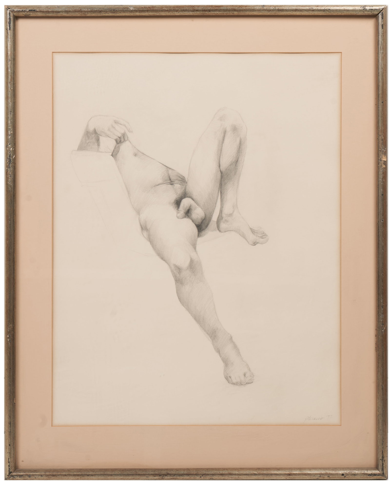 Ron Pokrasso (American, B. 1951): 'Male Nude - Untitled.' Pencil drawing. 1977. Signed and dated lower right. 31 x 25" ; 24 x 19" (framed). Provenance: Yonkers, New York estate.