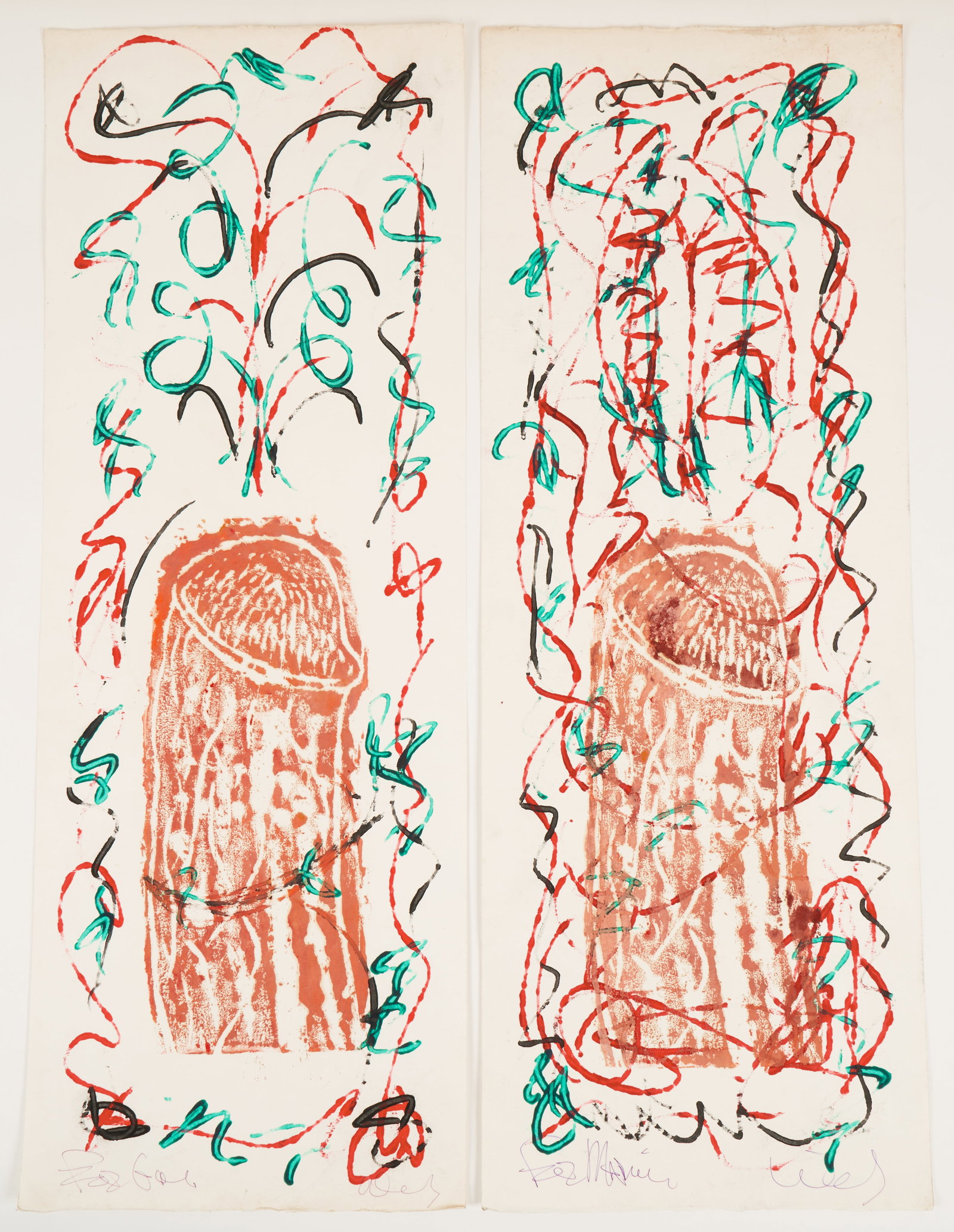 Wes Disney (American, 1946 - 2000): 'Ejaculating Penis.' Mixed media and oil on paper. Two paintings which are both signed and inscribed on the bottom. Ca. 1980. 27 1/4 x 10" (each). Scarce paintings by this accomplished artist, whose w