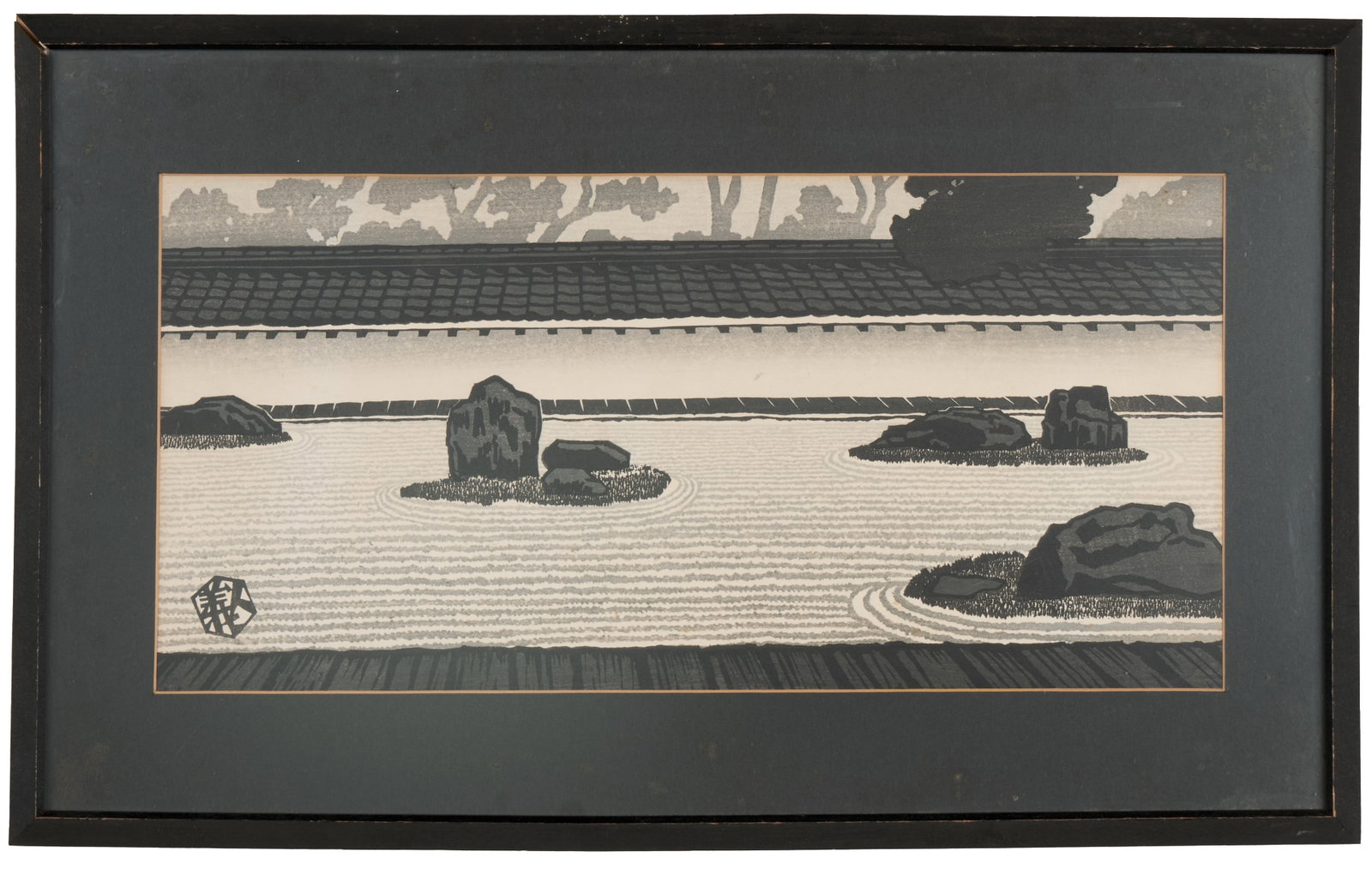 Gijin Okuyama (Japanese, B. 1934): 'Ryoanji Temple Rock Garden.' Japanese woodblock print. Ca. 1960s. 8 1/4 x 17 1/8" ; 13 1/2 x 21 3/8" (framed). Gijin was the son of the printmaker Gihachiro Okuyama (1907 - 1981).