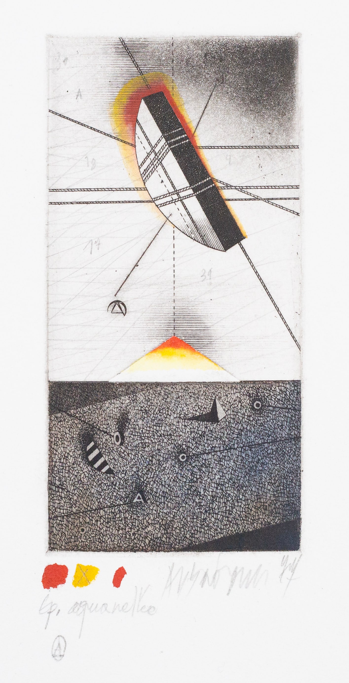 Assadour (Lebanon, b. 1943): 'Untitled.' 1974. Etching with watercolor embellishments. Signed, dated, and annotated by the artist. 9 3/4 x 6 1/2".