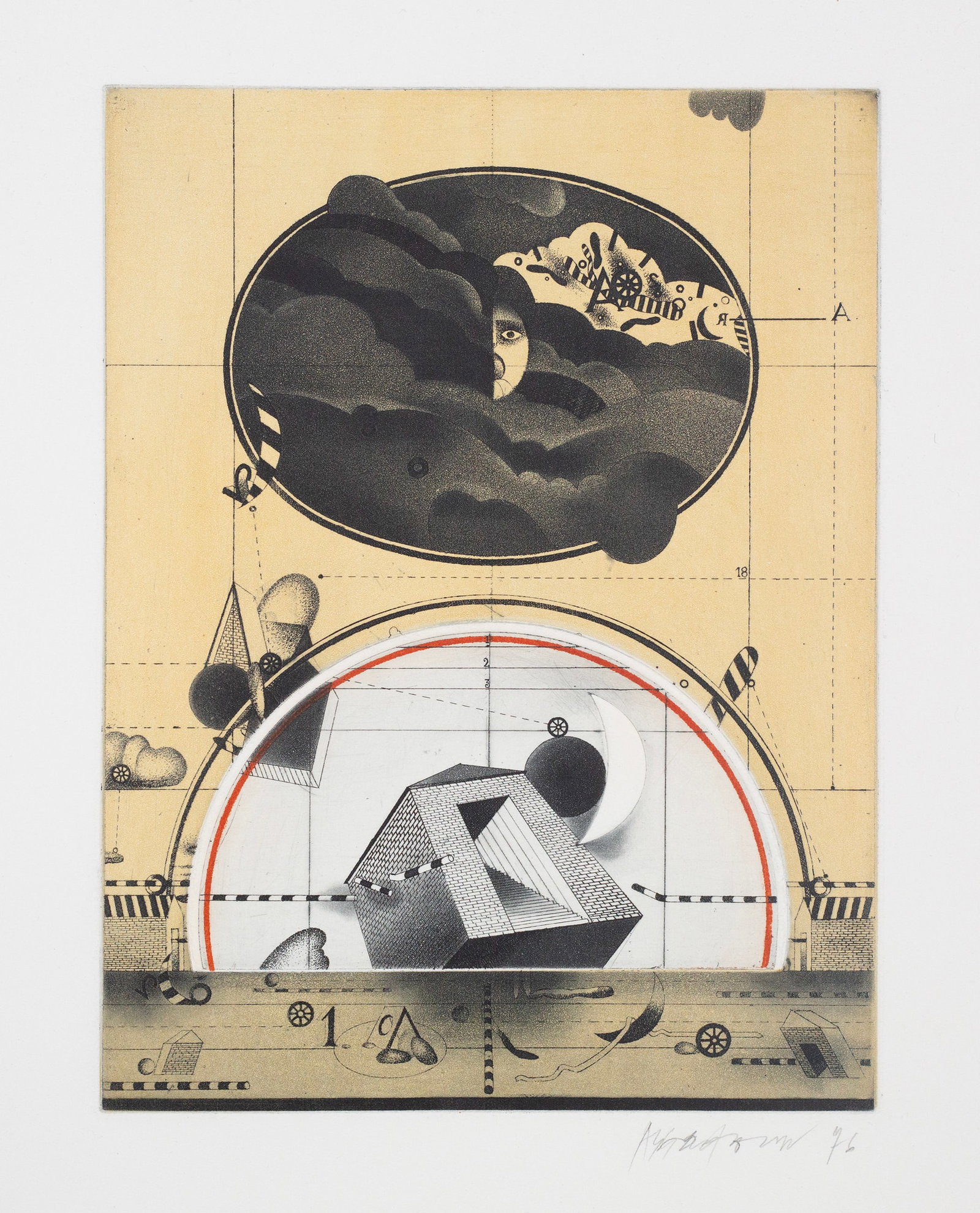 Assadour (Lebanon, b. 1943): 'Untitled.' 1976. Etching with watercolor embellishments. Signed and dated. 19 3/4 x 12 3/4".