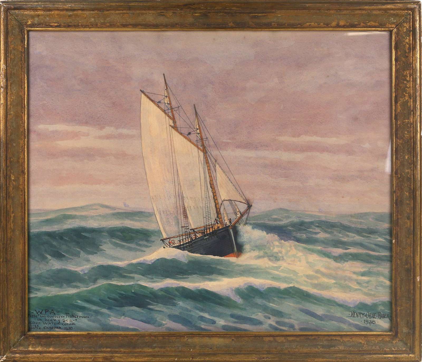 Henry Orne Rider (American, 1860 - 1943): 'Glouceter Fisherman in Heavy Sea.' Watercolor on paper. Framed. Front marked with date, medium, and signed. Identified by the artist as completed for the WPA. 22 1/4 x 28"; 26 1/4 x 31 3/4" (overall)