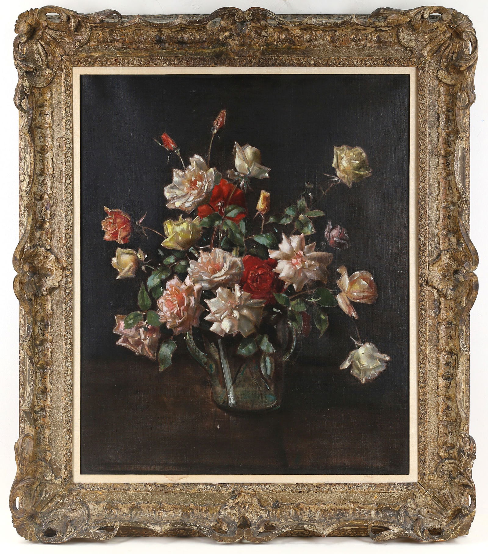 Floral Still life (20th Century, British School): Oil on canvas. The label on the verso is torn, and the artist's name is missing. 30 1/4 x 25"; 37 1/4 x 32.5" (overall, sight).