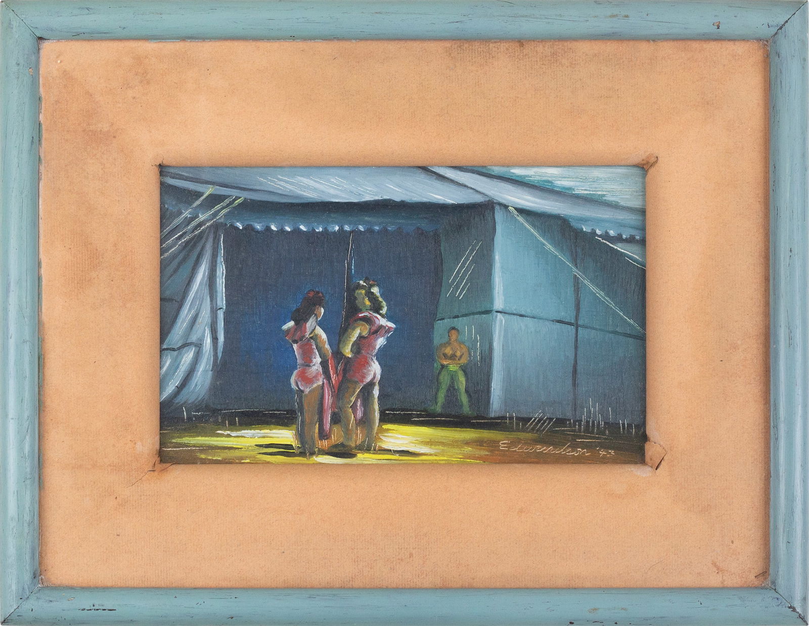 Laurence Christie Edwardson (American - Louisiana, 1904 - 1995): 'Acrobats and Strongman Waiting Outside the Tent.' 1943. Oil on masonite backed on the frame with wood. Signed and dated. Framed. 6 x 9 1/2"; 12 x 15 1/2" (overall).